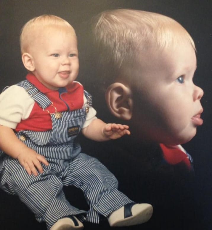 Posed portrait of a blonde toddler with a profile shot of same toddler in the background.